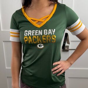 NFL Green Bay Packers Women's Green V-Neck Jersey with Sequin Lettering Sz S NWT